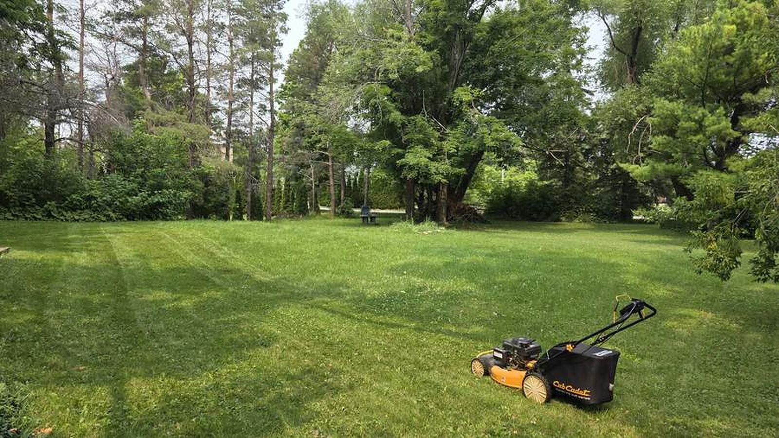 Open back lawn cut in stripes with a mower parked on the grass